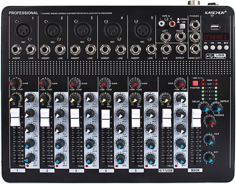 Kaschun T7 7-Channel Audio Mixer with 48V Phantom Power, USB/MP3 Input & Reverb Effects for PC Recording, Parties & Weddings​ - Image 1